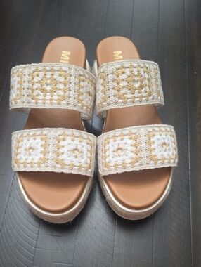 MIA White and Tan Crochet Double-Strap Slide Mules